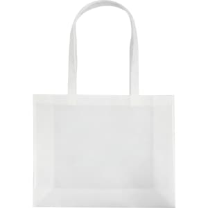 A white tote bag with two shoulder straps and a spacious, transparent body. It has a logo printed on it.