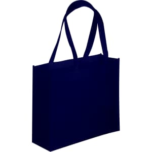 A navy blue tote bag with two shoulder straps and a simple design, featuring a logo on one side.