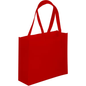 A red tote bag with two handles and a plain design. The bag has a logo on one side.