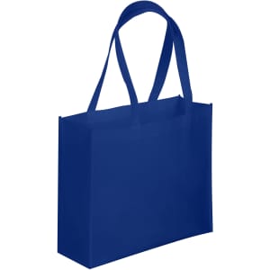 A navy blue tote bag with sturdy handles and an interior space. It features a logo on the front.