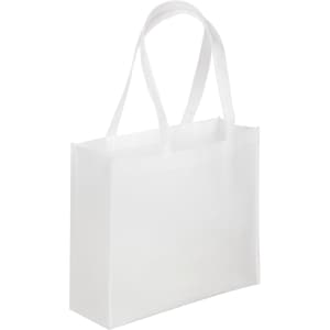 A white tote bag with dual handles and a simple design. The bag features a logo.