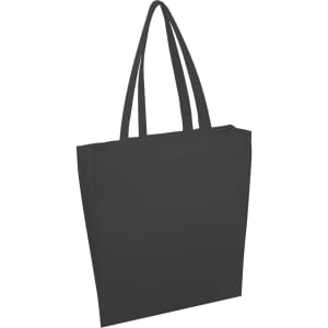 A black tote bag with two handles and a plain design, featuring a logo on one side.