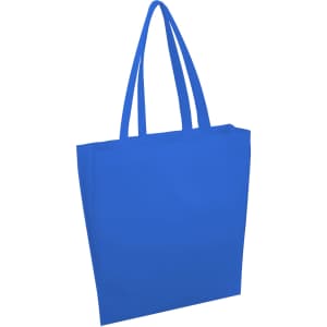 A blue tote bag with long handles and a simple design. It features a logo on one side.