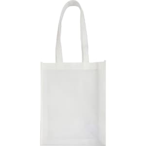 A white non-woven tote bag with two shoulder straps and a simple design. It features a logo.