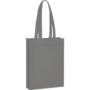 A grey non-woven tote bag with two handles and a logo on the front. Suitable for promotional use.
