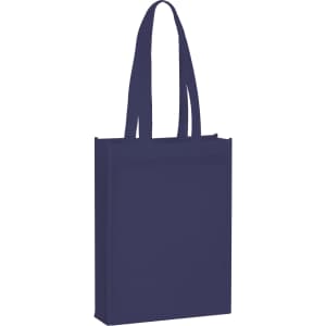 A navy blue non-woven tote bag with two long handles and a simple design. It has a logo on one side.