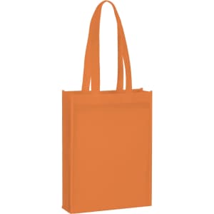 An orange non-woven tote bag with long handles and a simple design, featuring a logo on the front.