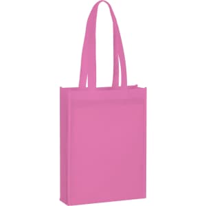 A pink non-woven tote bag with two handles and a simple design, featuring a logo.