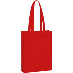 A red non-woven tote bag with long handles and a simple design, featuring a logo.