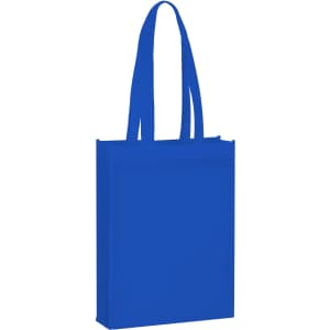 A blue non-woven tote bag with long handles and a simple design. It features a logo.