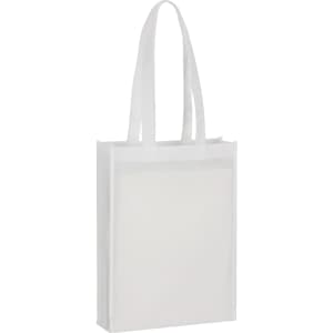 A white non-woven tote bag with two handles and a branding logo.