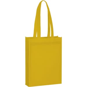 A yellow non-woven tote bag with two long handles and a flat, spacious design. Features a logo.