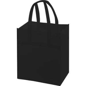 A large black non-woven shopping bag with two handles and a simple design. It features a logo on one side.