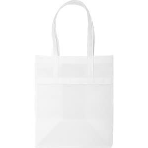A large white non-woven shopping bag with sturdy handles and a flat base. It features a branding logo.