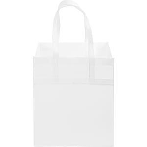 A large white non-woven shopping bag with two handles and a spacious interior. It features a logo on one side.