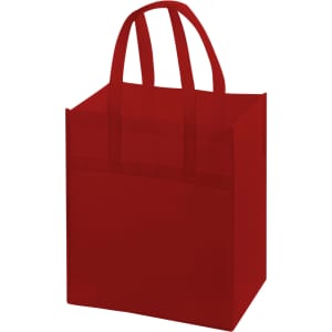 A red reusable shopping bag with two handles and an attached pocket, featuring a logo on the side.