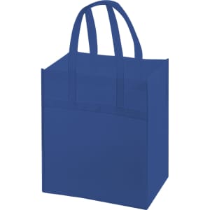 A large blue non-woven shopping bag with two handles and a flat base. It features a pocket on the front and has a logo.