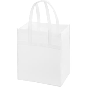 A large white non-woven shopping bag with two handles and a simple design, featuring a logo.