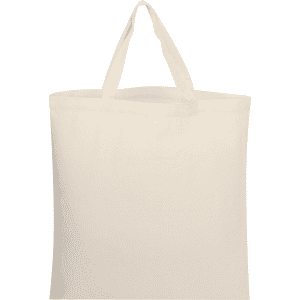 A beige short handle tote bag with two sturdy handles and a simple design. It features a logo.