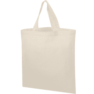 A neutral-toned tote bag with short handles and a simple design. The bag has a logo on the front.