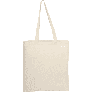 A beige tote bag with long handles and a simple design. It features a logo on one side.