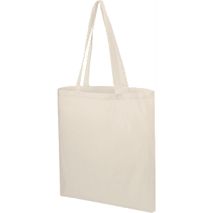 A cream-coloured tote bag with long handles and a simple design. It features a logo on one side.