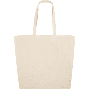 A beige calico tote bag with two handles and no visible branding.