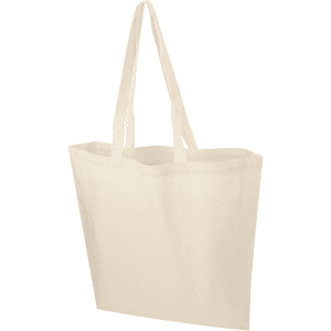 A beige calico tote bag with two handles, featuring a simple design and no visible branding.