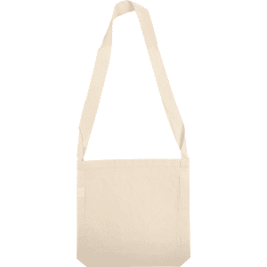 A beige sling bag featuring a long strap and a simple design. It includes a branding logo.