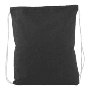 A black drawstring tote bag with white cords and a logo. Simple and versatile design for various uses.