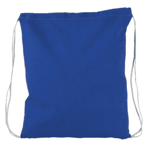 A blue drawstring bag with white cords, featuring a logo on the front.