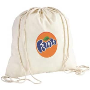 A cream-coloured drawstring bag with a round logo. It features two drawstrings for closure.