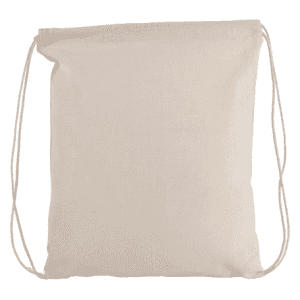 A light beige drawstring tote bag with a simple design and a logo, featuring adjustable cords.