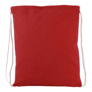 A red drawstring tote bag made of fabric, featuring a simple design and a logo.
