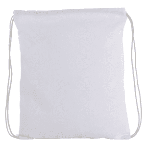 A plain white drawstring tote bag with reinforced cord straps and minimalistic design. It features a logo.