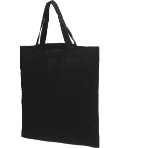 A black calico tote bag with short handles and a simple design, featuring a logo.