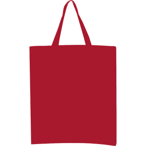 A red calico tote bag with short handles and no visible branding.
