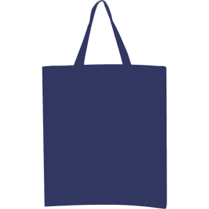 A navy blue tote bag with short handles and a blank surface. It features a logo on one side.