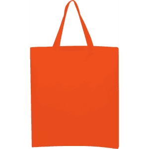 An orange calico tote bag with a short handle, featuring a logo on the front.