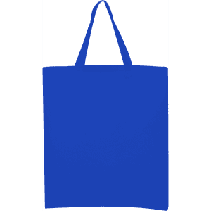 A blue calico tote bag with short handles and a blank surface, featuring a logo.