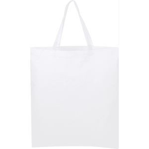 A white calico tote bag with short handles. The bag features a logo on one side.