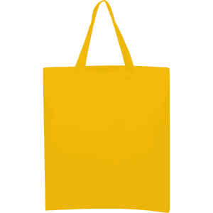 A yellow calico tote bag with short handles and a simple design. It features a logo or branding.