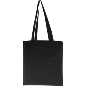 A black long handle calico tote bag with two sturdy straps and a simple design. It features a logo.