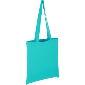 A turquoise tote bag with long handles and a simple design, featuring a branding logo.