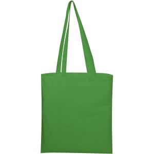 A green calico tote bag with long handles and a blank surface. The bag features a logo.