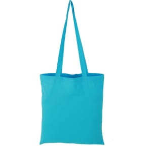 A turquoise tote bag with long handles and a simple design. It features a logo on one side.