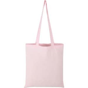 A pink calico tote bag with long handles, featuring a simple design and a logo.