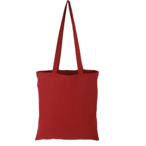 A red tote bag with long handles and a simple design, featuring a logo on the front.