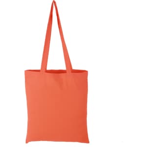 A coral-coloured tote bag with long handles and a simple design. It features a logo on one side.