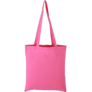 A pink tote bag with long handles and a simple design. It features a branding logo.